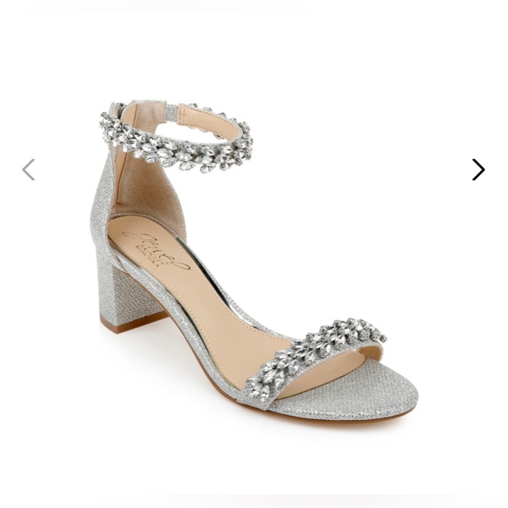 Badgley Mischka Silver Block Heel Sandal with Crystal Embellishments